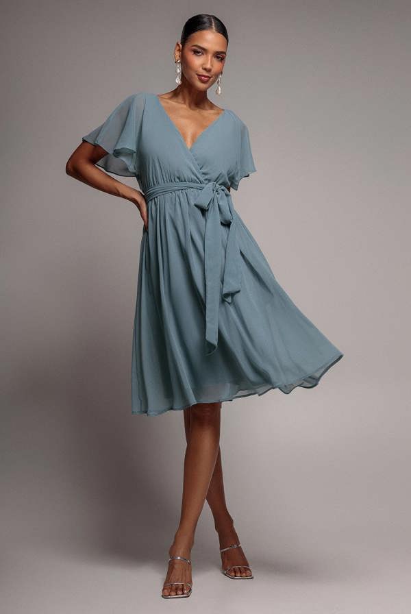 Chiffon Flutter Sleeve Wrap Midi Dress - Airforce Blue DR2555B