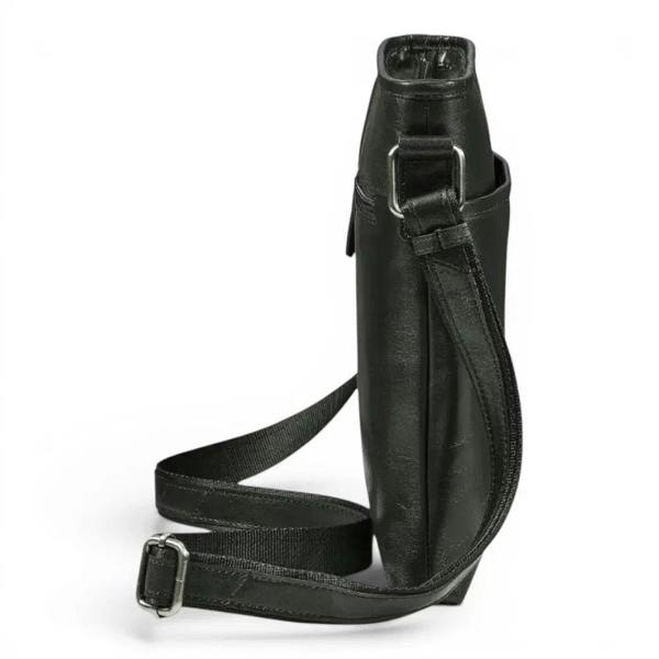 A black leather shoulder bag with a wide adjustable strap and silver-tone metal hardware, shown from a side profile on a white background.