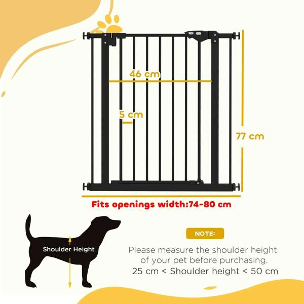 Black safety gate with vertical bars shown with height and width guide.