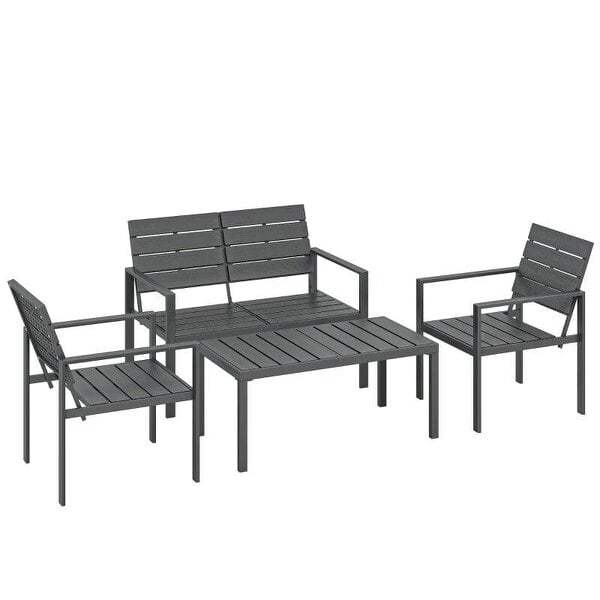 4 Piece Garden Furniture Set, Outdoor Sofa Set with HDPE Slatted Loveseat Armchairs Coffee Table Metal Frame, Dark Grey