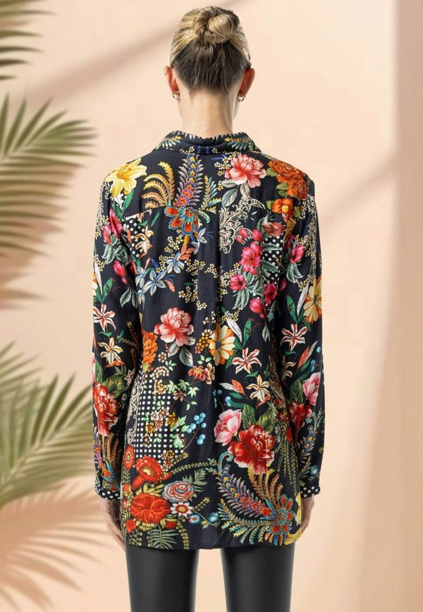ANGELEYE Deluxe Luxurious Viscose Twill Black Shirt in Premium Floral Print