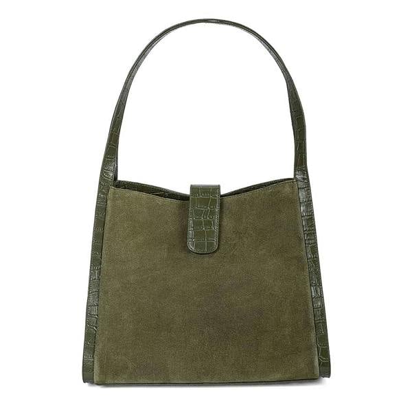 Pia Olive Suede Shoulder Bag, Roomy Bag with Croc-Embossed Trim