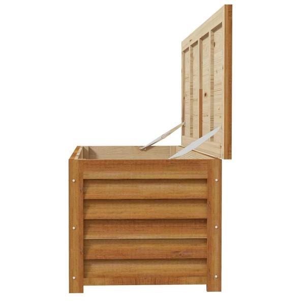 Light brown wooden storage box with lid open and hinged support rod