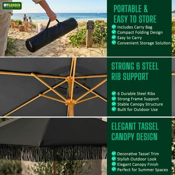 My Garden Outdoor Living Parasol Umbrella 2M - Outdoor Sun Umbrella with Tassels, Air Vent, Steel Pole & Carry Bag for Patio Umbrella Parasol