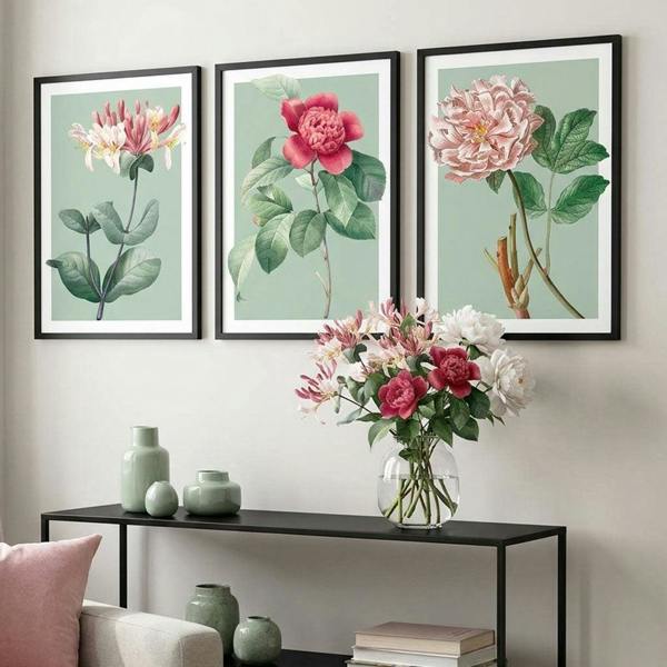Artze Wall Art Vintage Flowers Honeysuckle, Peony Set of 3 Framed Prints