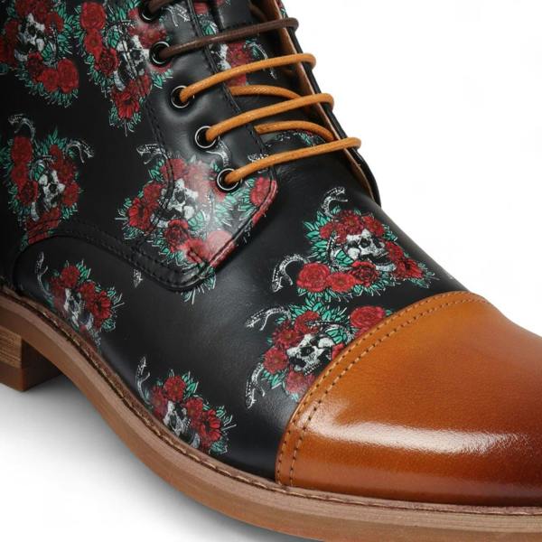Justin Reess Men's Brown Floral Leather Oxford Ankle Boots - Adam Skull