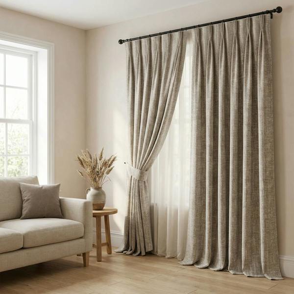 Lisbon made-to-measure curtains in Mink, styled in a living room