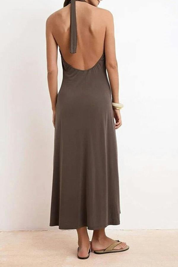 WOVCOR Halter Neck Sleeveless Ruched Midi Knit Dress