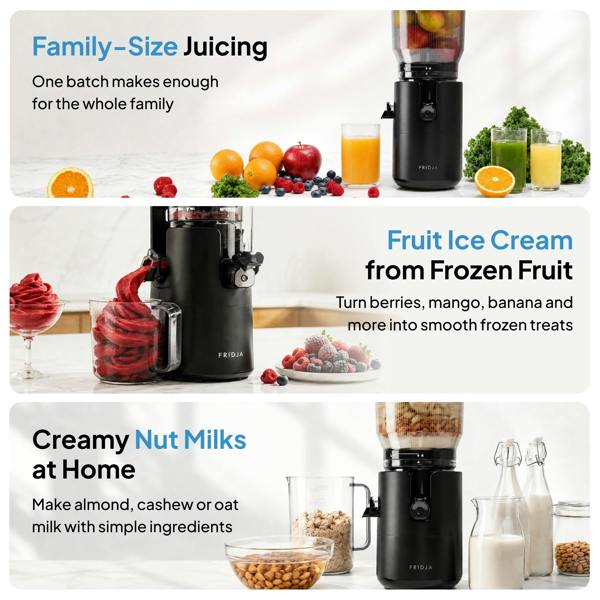 The Fridja f2800 Open Whole Fruit Juicer, in sleek black, sits on the counter with fresh fruits, juice, desserts, and milk jars—ideal for family-size juicing, creamy nut milks, and homemade fruit ice cream.