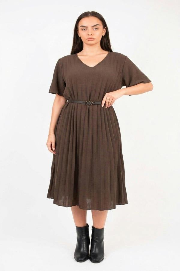 Elidi Short Sleeve Pleated Midi Dress With Waist Belt - Choc Brown