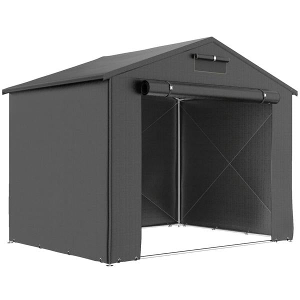 Dark grey outdoor storage shed tent with roll-up zipper door, metal pole frame