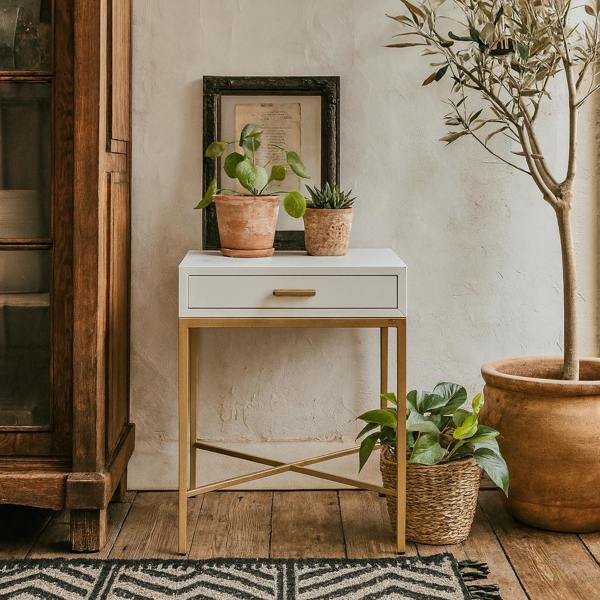 Wyld Haus Ravenna White Gloss and Gold Bedside Table with Drawer