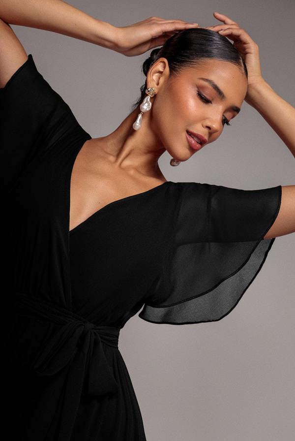 Chiffon Flutter Sleeve Wrap Maxi Dress - Black DR2486D