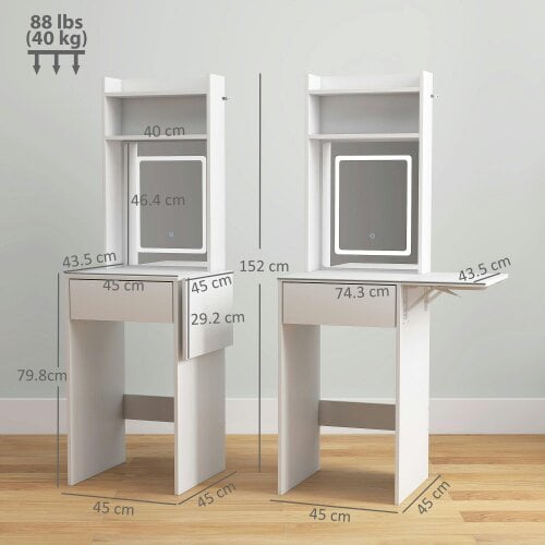 Wyld Haus Ravitti White Compact Vanity Desk With Mirror LED Lights Drop Leaf And Open Shelves