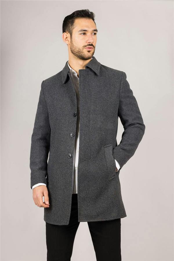 Infinity Leather Men's Wool Blend Classic Collar Grey Overcoat