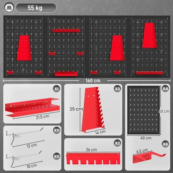 38 Pcs Wall-Mounted Pegboard with 4 Boards, Garage Tool Storage Unit Black and Red