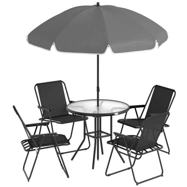 4 Seater Garden Furniture Set, 6 Pieces Garden Table and Chairs with Parasol for Patio, Black