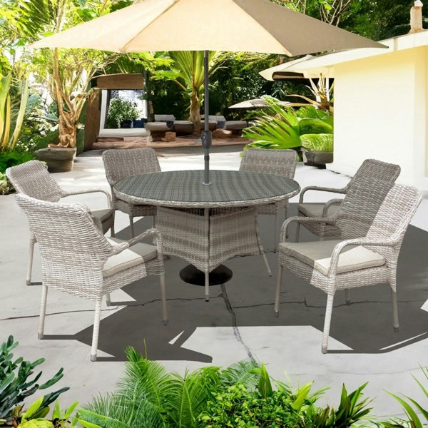 Oseasons Palmera Rattan Stacking 6 Seat Dining Set in Sandy White with 2.7m LED Parasol and Base