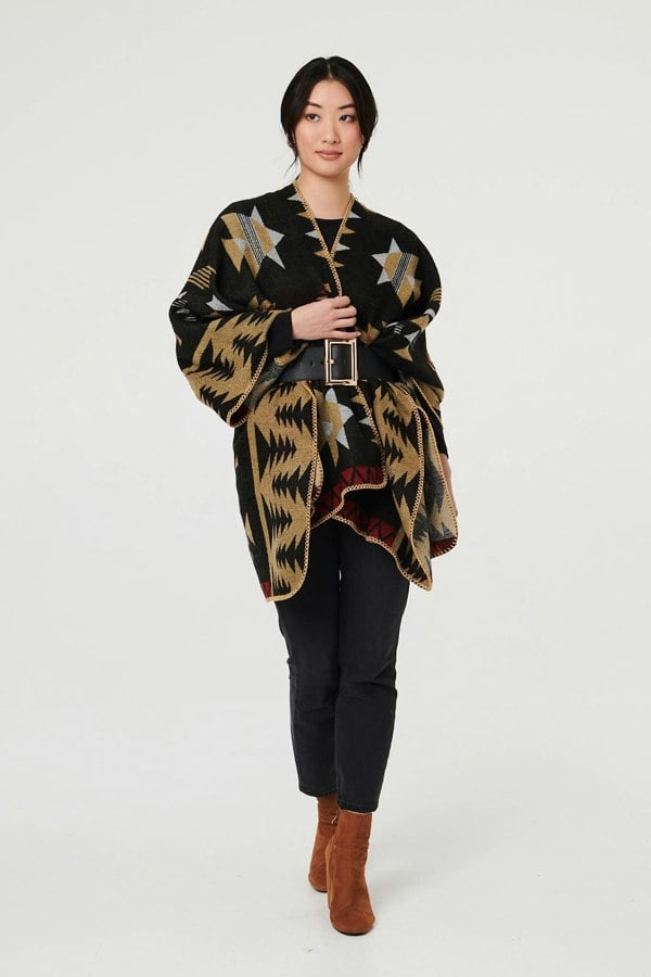 Black | Aztec Print Oversized Poncho

