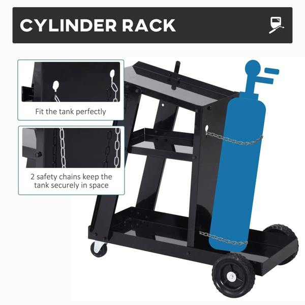 Black cylinder rack welding cart with safety chains and rolling caster wheels