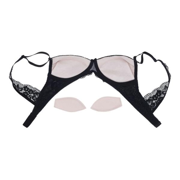 Black lace bra with attached pads on a white background