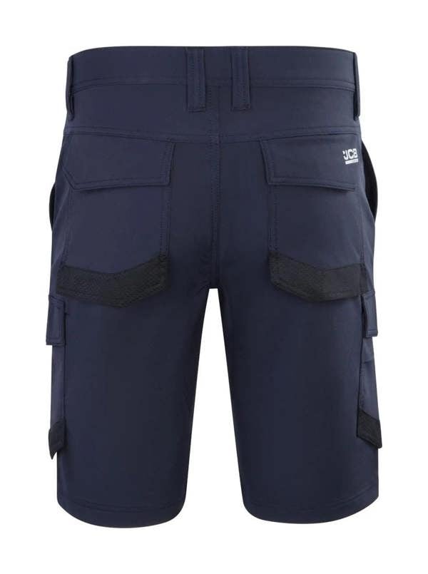 JCB 4-Way Stretch Mens Premium Cargo Work Trade Shorts, navy blue cargo shorts with multiple pockets, black mesh pockets, and belt loops, designed for durability and comfort.