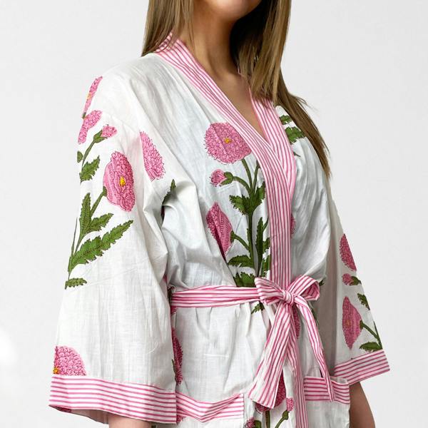 Hayley & Co White and Pink Flower Print 100% Cotton Dressing Gown