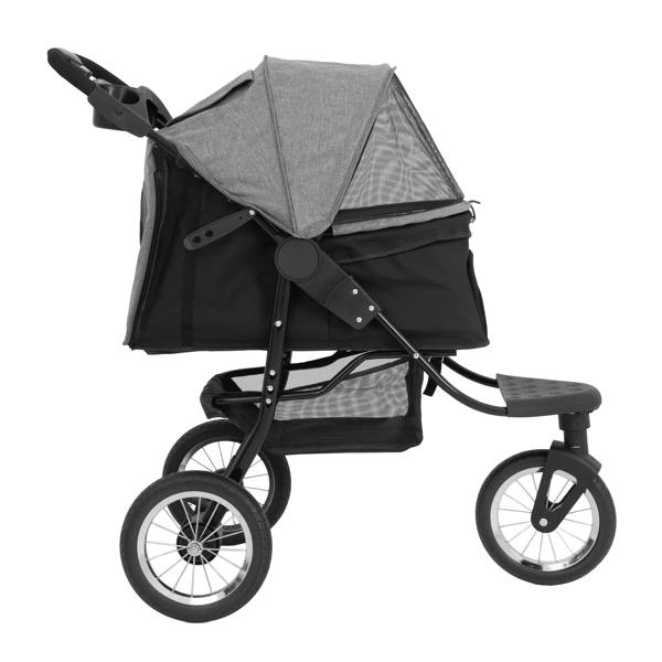 Grey pet jogger with a spacious cabin, mesh windows, and sturdy wheels, designed for comfortable outdoor walks with pets