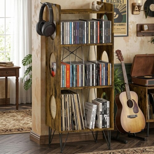 HOMCOM Record Player Stand Display Shelf for Turntable, Rustic Brown
