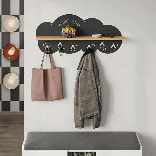 Decortie Cloudy Wall-Mounted Metal Hanger Shelf with 6 Metal Hooks Welcome Cloud Shape Functional Storage Hanger Entryway