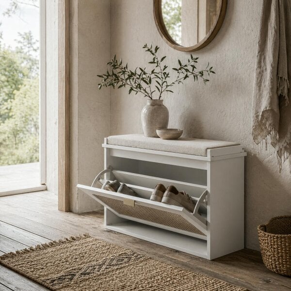 Wyld Haus Kekami Wooden White Boho Style Shoe Bench With Cushioned Seat And Flip Drawer