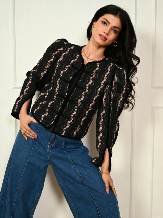 Rose & Nancy Queenie Black Floral Print Velvet Trim Military Jacket