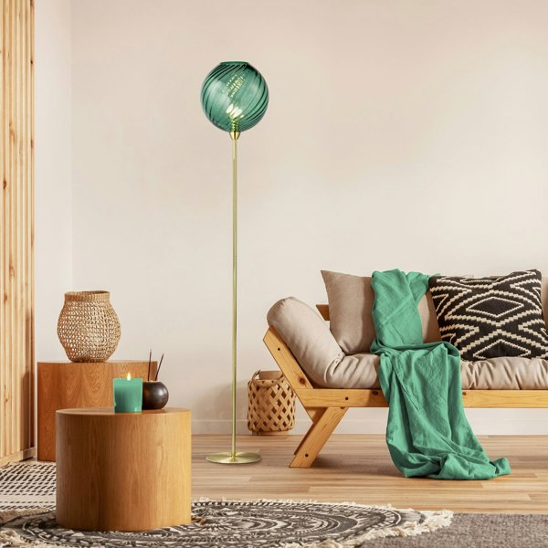 Designer Chic Floor Lamp with Brushed Gold Base and Emerald Green Glass Shade Image 7