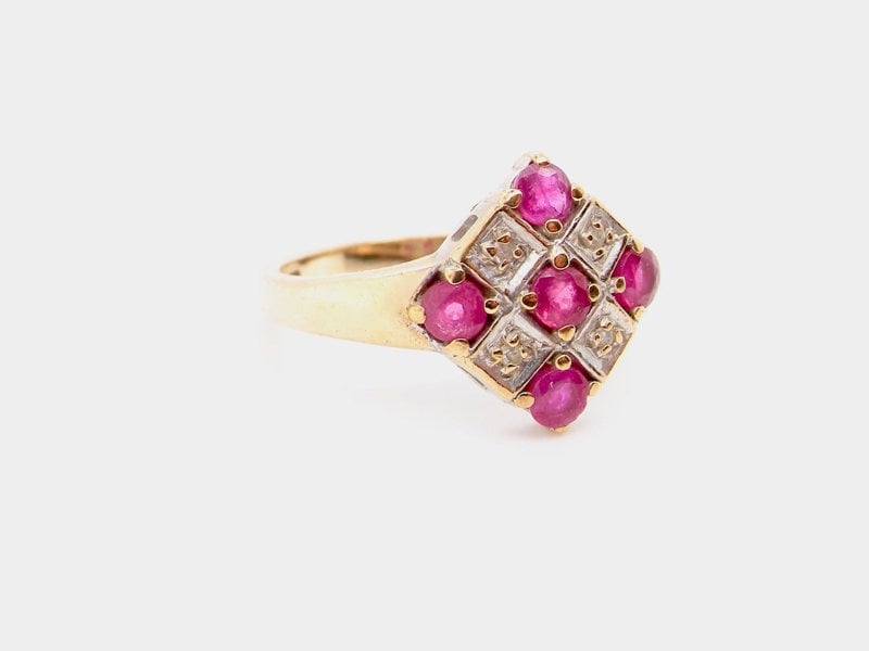 Vintage Tom A 9 carat gold ruby and diamond cluster ring