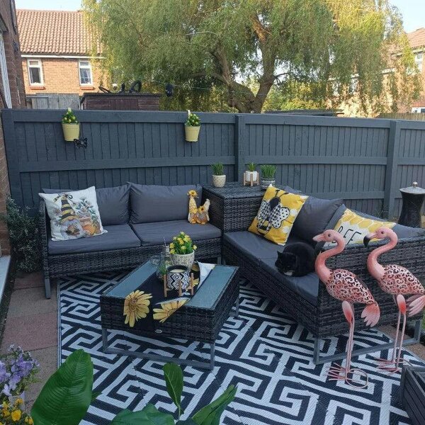 4pc Garden Rattan Wicker Outdoor Furniture Patio Corner Sofa Love Seat and Table Set with Cushions Side Desk Storage, Mixed Grey