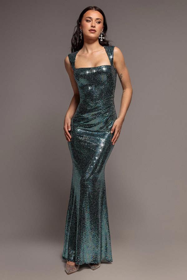 Sleeveless Princess Seam Sequin Mermaid Maxi Dress - Green Multi DR5323