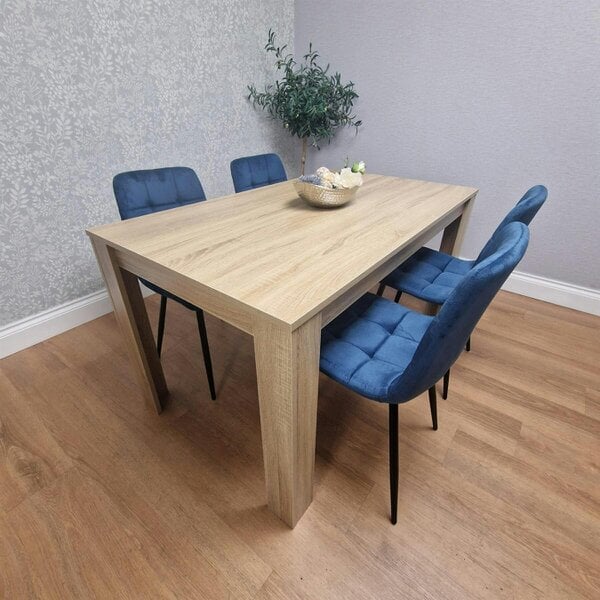 Kosy Koala Oak Effect Wood Dining Set Table with 4 Blue Velvet Chairs Kitchen Furniture