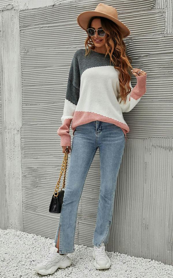 FS Collection Grey & Pink Block Colour Jumper Top In White