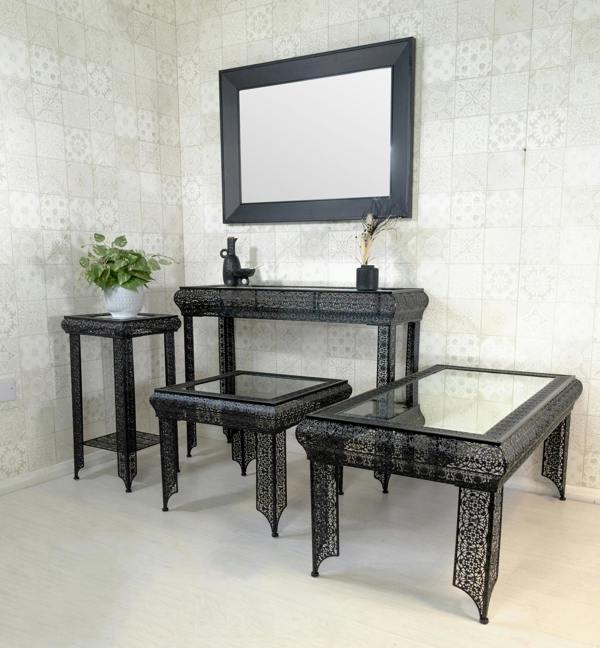 Downton Interiors Black Embossed Metal Mirrored Glass Side Table- Agadir range