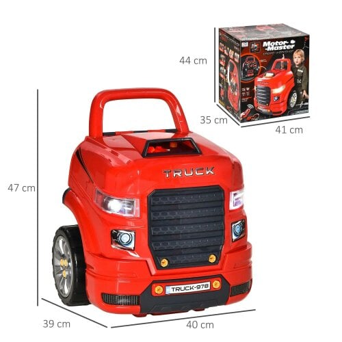 Bobobiy Kids Truck Engine Toy Set, Toddler Educational Car Service Station Playset, Take Apart Workshop, Light, for 3-5 Years Old Red