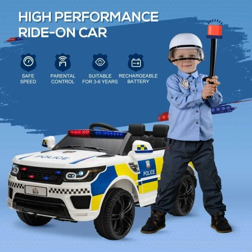Bobobiy 12V Electric Car for Kids, Ride on Police Car with 2 Motors, Remote Control, Siren Flashing Lights, Auxiliary Wheels, for 3-6 Years, White