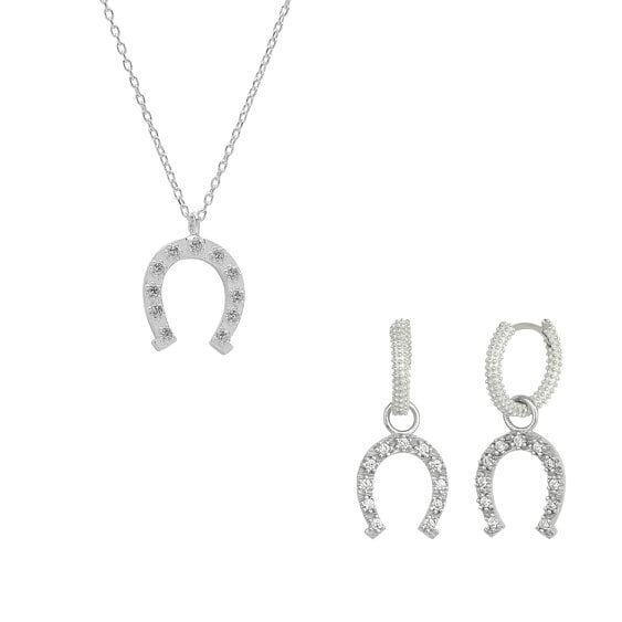 Spero London Sterling Silver Horseshoe Equestrian Necklace & Earring Set