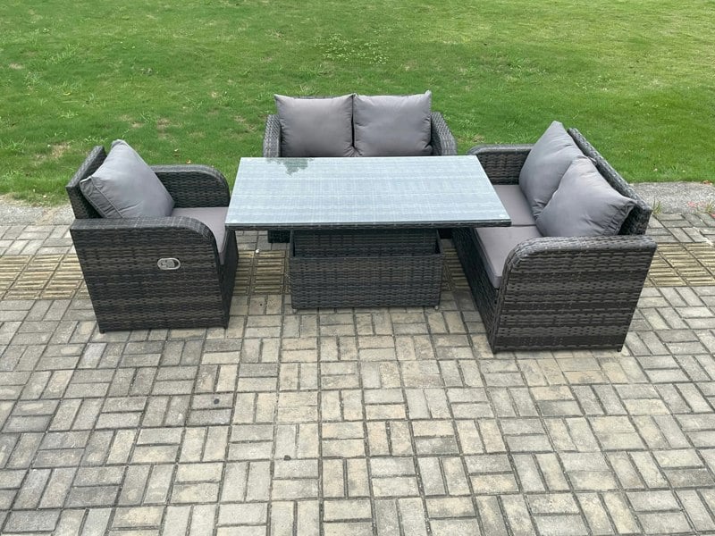 Fimous Wicker PE Rattan Furniture Garden Dining Set Outdoor Height Adjustable Rising lifting Table Love Sofa With Reclining Chair