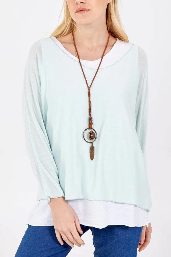 Hoxton Gal Oversized Long Sleeves Layered Blouse With Necklace In Mint And White