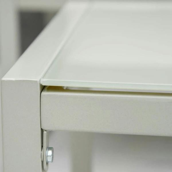 Grey patio table leg corner with metal fastener under the tabletop