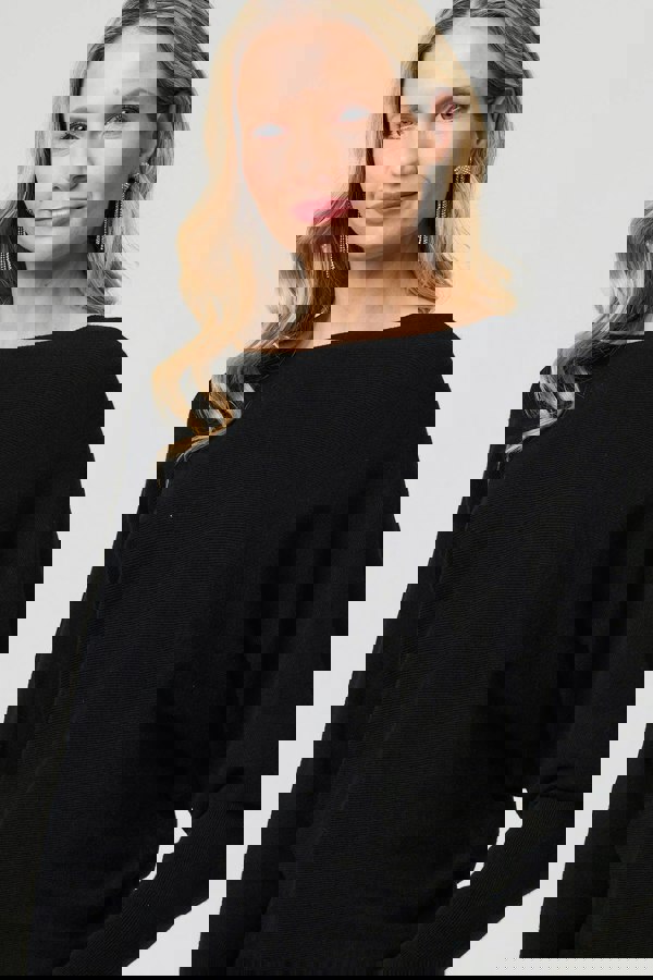 Black | Lace Trim V-Back Boat Neck Jumper Top
