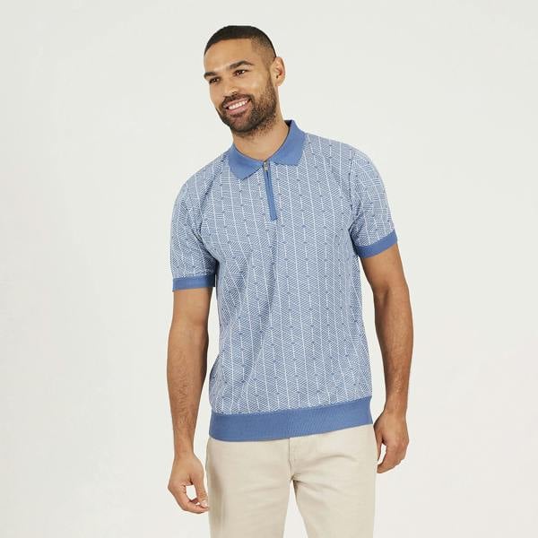 Brave Soul Blue Short Sleeve Jaquard Knitted Polo Shirt - Blue Image 1