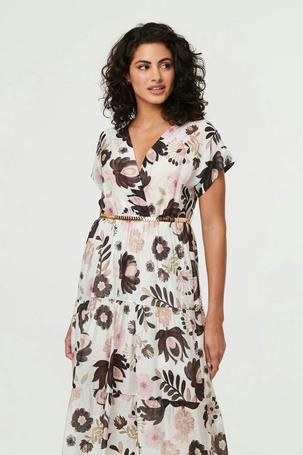 Black | Floral Cap Sleeve Belted Wrap Midi Dress
