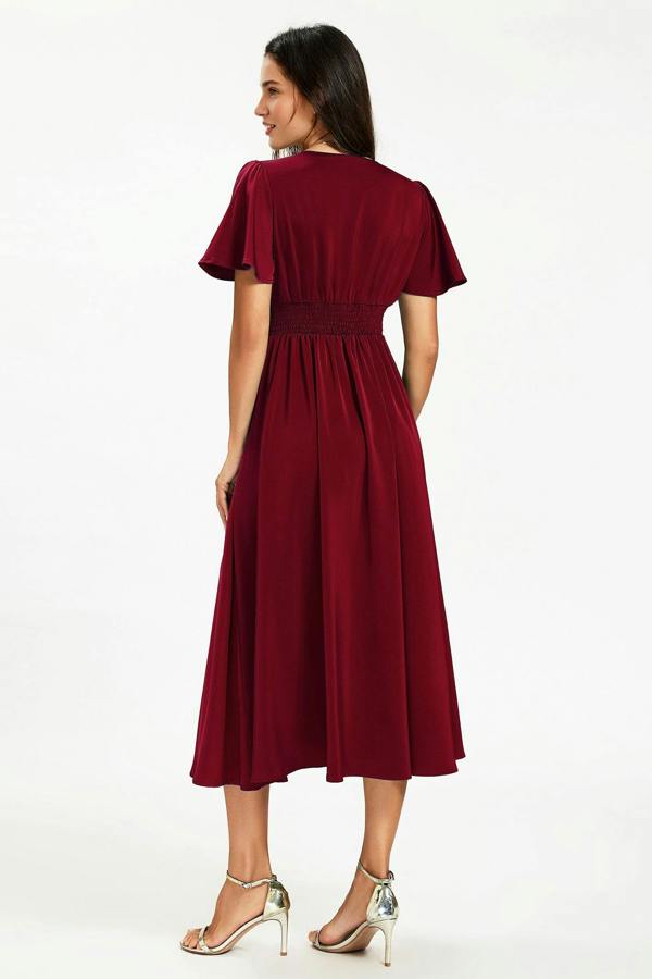 FS Collection Satin V neckline Button Detail Dress In Wine