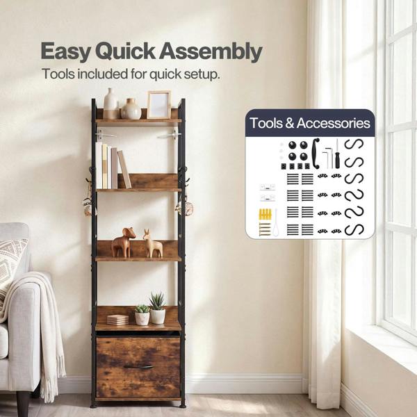 Levede Bookcase Drawer 5 Tier Slim Book Shelf Storage Unit Living Room Brown